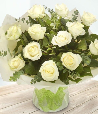 Dozen white roses.