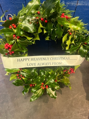 Personalised holly grave wreath.