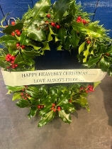 Personalised holly grave wreath.